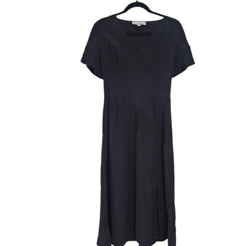 Loft Midi Dress Sz 4 Black Babydoll Short Sleeve Comfy Casual